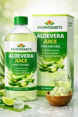 AyurvedaBits Aloe Vera Juice bottle and box – pure and natural aloe vera juice for immunity, detox, and digestive health