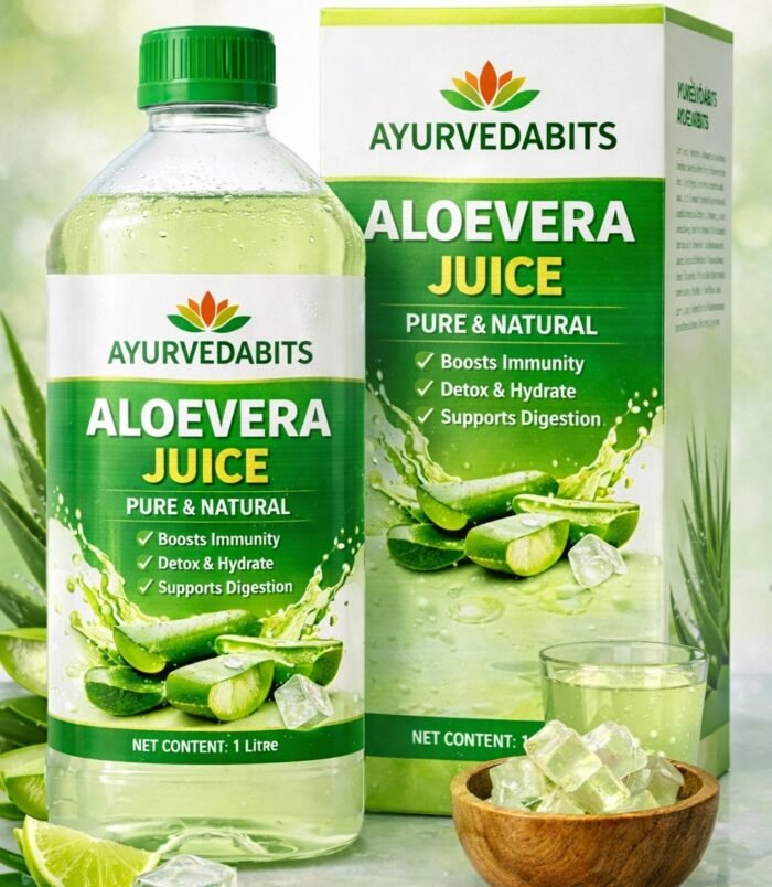 AyurvedaBits Aloe Vera Juice – Pure & Natural Detox Drink for Immunity & Digestion AyurvedaBits Aloe Vera Juice bottle and box – pure and natural aloe vera juice for immunity, detox, and digestive health