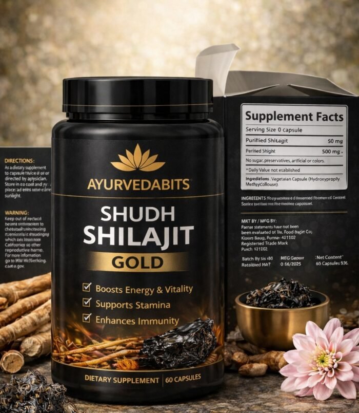 Ayurvedabits Shudh Shilajit Gold capsules dietary supplement bottle